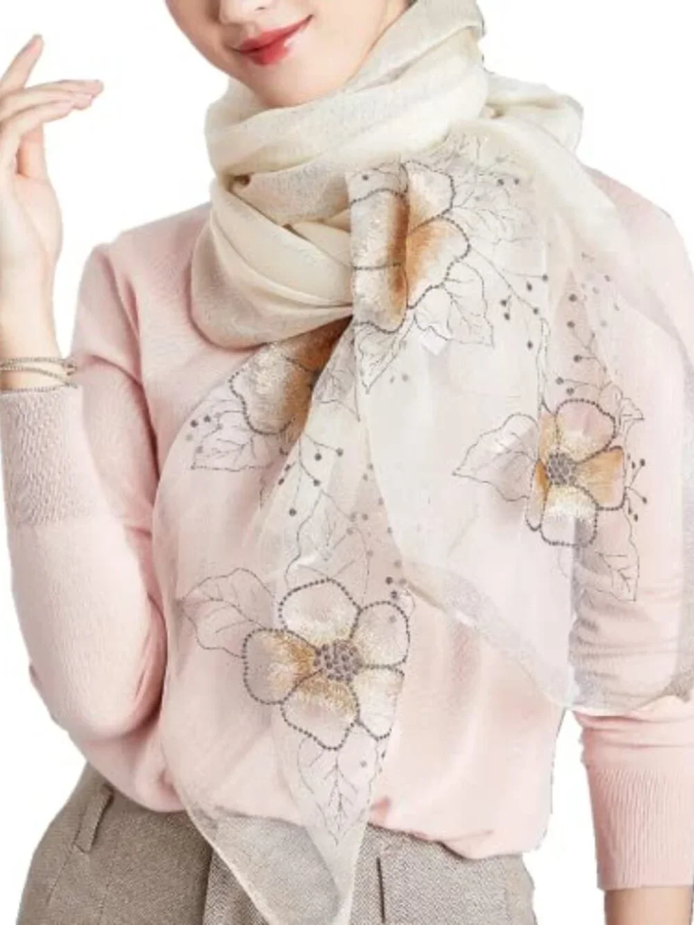 Mulberry Silk Blend Long Embroidered Floral Scarf Shawl Wrap Neckerchief